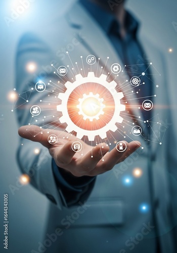 Glowing Cogwheel Network Businessmans Hand Presenting Interconnected Digital Technology.