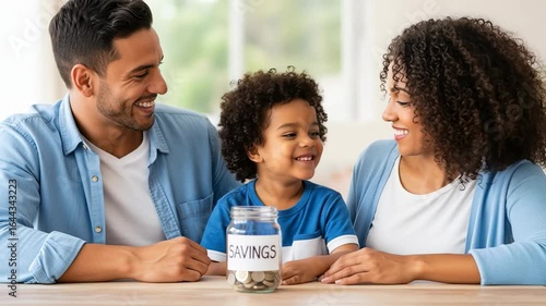 Afro-American Hispanic family with a child teaching him to save money in a jar