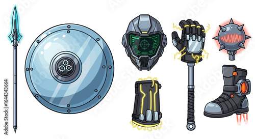 Futuristic Warrior Arsenal: Spear, Shield, Helmet, Gauntlet, Mace, and Boot