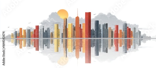 Panel kuchenny z motywem Stylized cityscape reflected in calm water, warm sunset hues, and muted cloud formations above