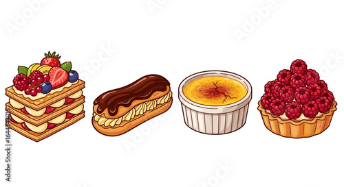 Delicious Pastries: Mille-Feuille, Éclair, Crème brûlée and Raspberry Tart
