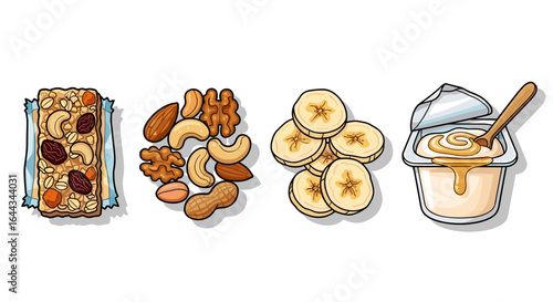 Healthy Snacks: Granola Bar, Mixed Nuts, Banana Slices, and Yogurt