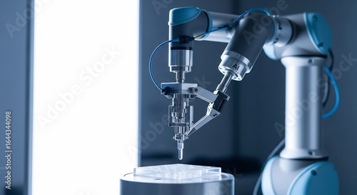 Sleek AI-Labeled Robotic Arm Performing Precise Automated Laboratory Analysis
