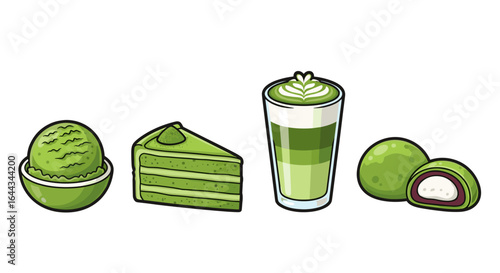 Delectable Matcha Desserts and Drink Set on a White Background