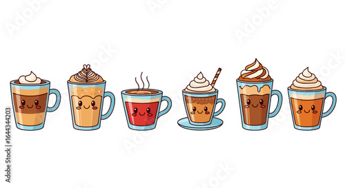 Kawaii Assortment of Coffee Drinks on White Background, Cute Style