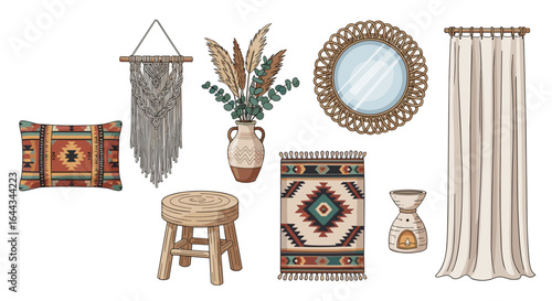 Boho Chic Interior Decor: Pillow, Macrame, Plants, Rug, Mirror, Curtains