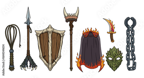 Fantasy Items: Diverse Collection of Equipment and Accessories in Cartoon Style