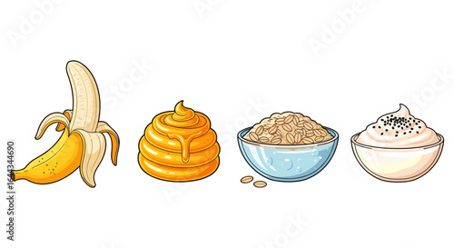 Healthy breakfast elements in cartoon style arranged on white background