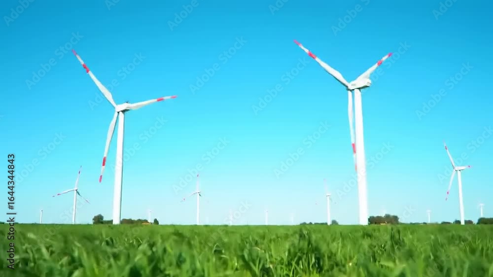 Wind turbines stand tall in a lush green field under a clear blue sky, symbolizing renewable energy Wind turbines stand tall in a lush green field under a clear blue sky, symbolizing renewable energy