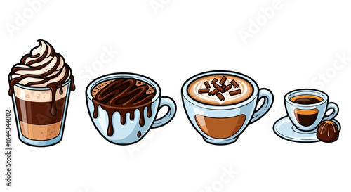 Assorted coffee and chocolate beverage drinks illustrated in a row.