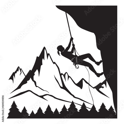 Silhouette of a female rock climber rappelling down a mountain cliff with a scenic landscape, isolated on white background, capturing the essence of adventure and challenge