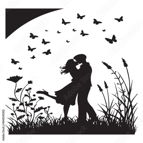 Silhouette of a couple kissing in a field of flowers with butterflies flying around, isolated on white background a romantic scene symbolizing love, romance, and togetherness