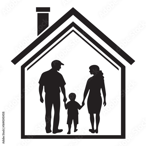 Silhouette of a family inside a house, depicting love, care, and security, with a father, mother, and child under a roof, isolated on white background