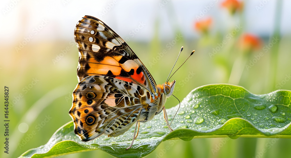 Obraz premium Beautiful Painted Lady Butterfly Perched on Green Leaf with Dew Drops in Sunlight