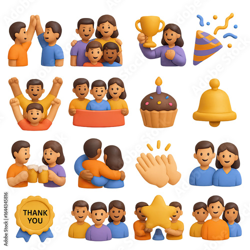 3d celebration icons set with high-five, trophy, cupcake, bell, hug, clap, star, and friends