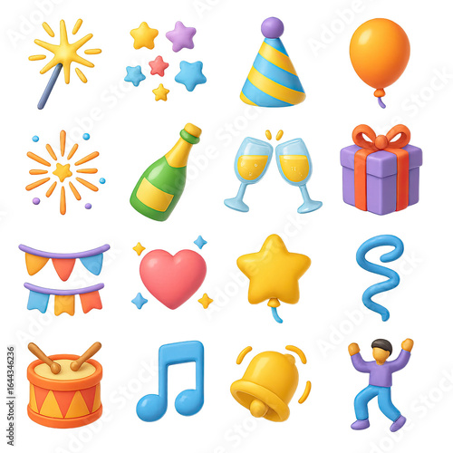 3d celebration icon set featuring star, balloon, gift, champagne, heart, music, and party hat