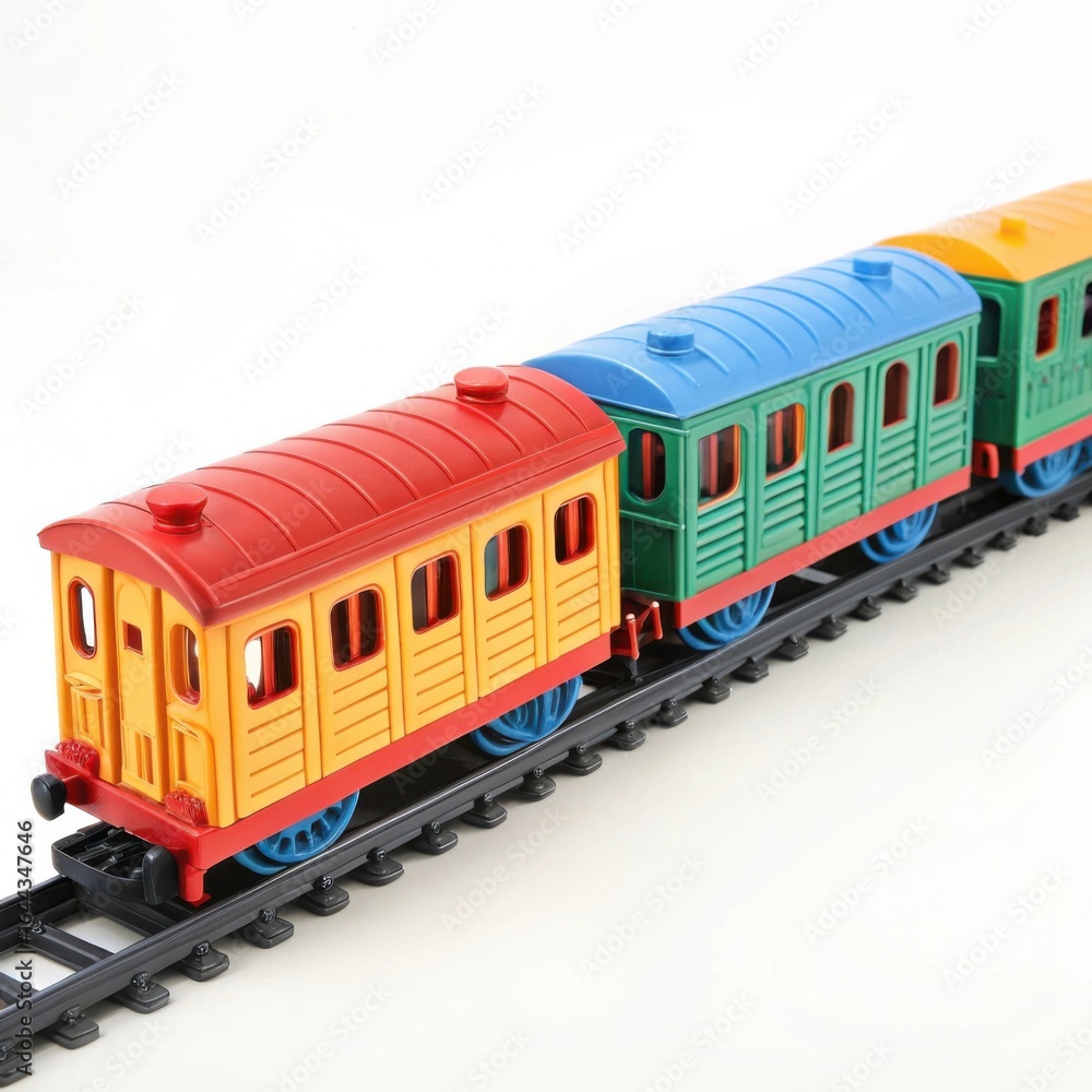 Obraz premium Colorful toy train cars on tracks isolated on white background
