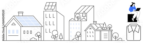 Solar-paneled homes and buildings surrounded by trees. Person working remotely on a laptop. Ideal for sustainability, eco-living, urban planning, renewable energy, remote work, green technology