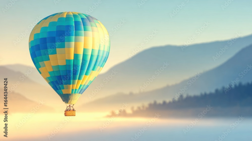 Obraz premium Colorful hot air balloon gliding over serene mountains at sunrise