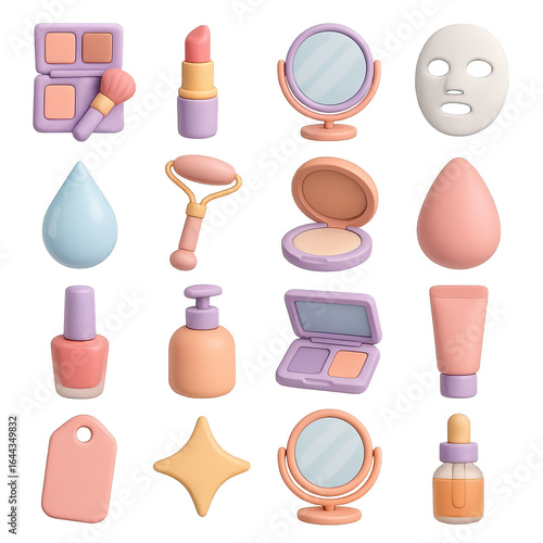 3d beauty icon set featuring makeup, mirror, mask, roller, and lotion symbols