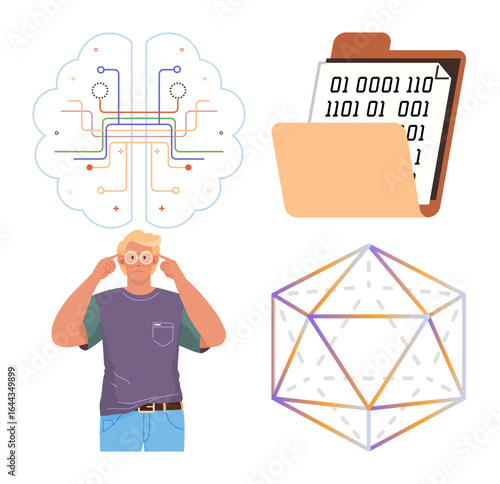 Brain connected to circuits, binary data document, person adjusting glasses, and 3D geometric figure. Ideal for technology, AI, data processing, innovation, coding human interaction creativity
