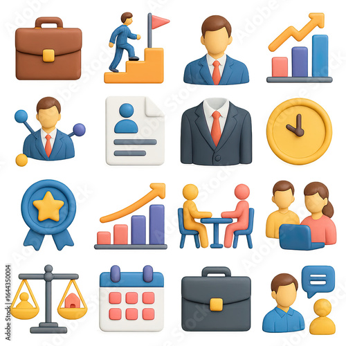 3d business icon set featuring briefcase, teamwork, graph, document, award, meeting, and scales symbols