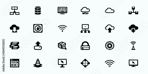 Data Center & Cloud Infrastructure Line Art Vector Icons — Servers, Networking, Cybersecurity, Storage, Internet Hosting, and IT Technology Symbols for Websites, Apps, and Branding

