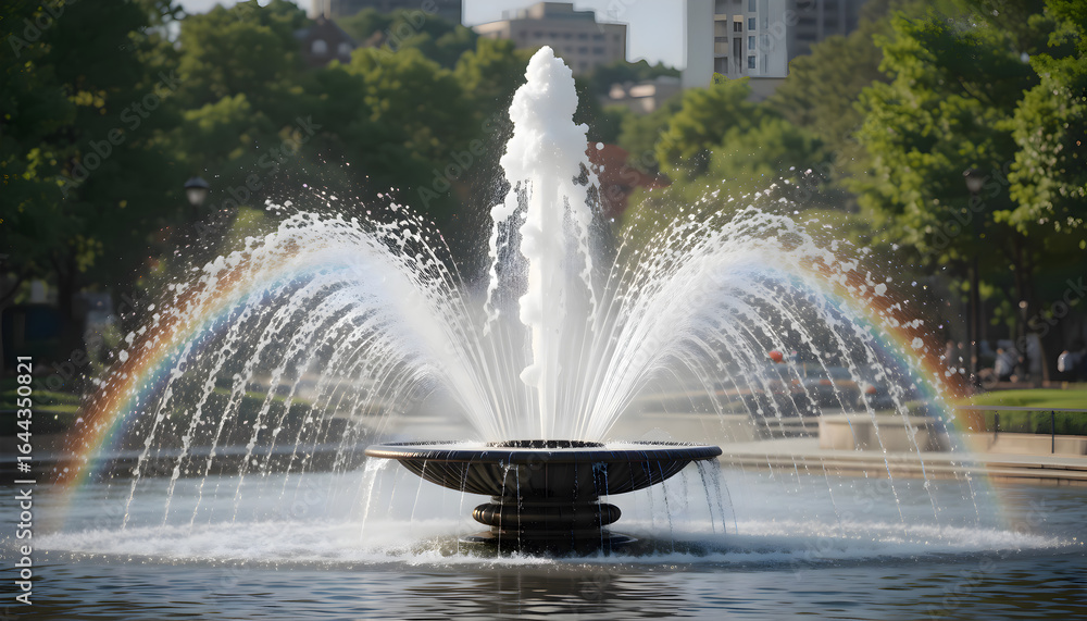 Fototapeta premium Water fountain featuring a vivid rainbow in the center of the flowing water creating a colorful and dynamic natural display
