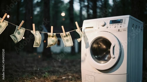 Money laundering concept with dollar bills drying on a clothesline next to a washer