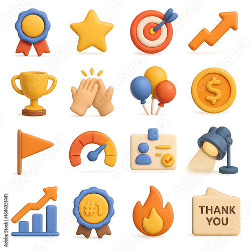 3d business success icons set with trophy, medal, target, growth, recognition, and thank you symbols