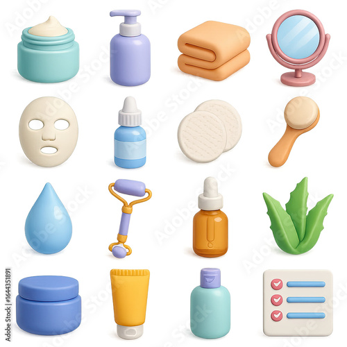 3d beauty and skincare icons set with cream, lotion, towel, mirror, mask, and serum elements