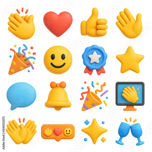 3d emoji icon set featuring smile, heart, thumbs up, confetti, badge, star, and bell symbols