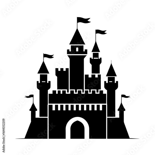 Stylized silhouette of an enchanting castle with turrets and flags waving in the wind