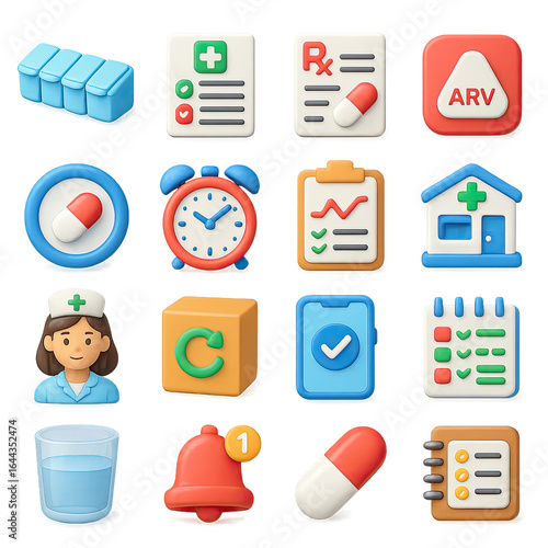 3d medical icon set featuring pill, prescription, nurse, alarm, calendar, home, and checklist symbols