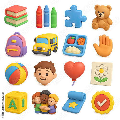 3d education icons set featuring books, crayons, puzzle, teddy bear, backpack, bus, lunch tray, hand, and more