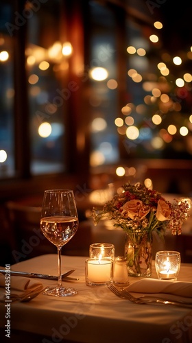 Romantic dinner setting in a restaurant at night
