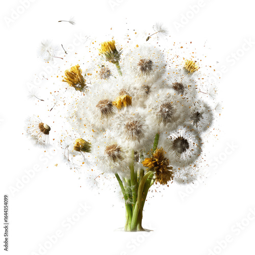 A vibrant bouquet of fluffy, white dandelion seed heads, with some yellow flowers still present, exploding with seeds in a dynamic composition