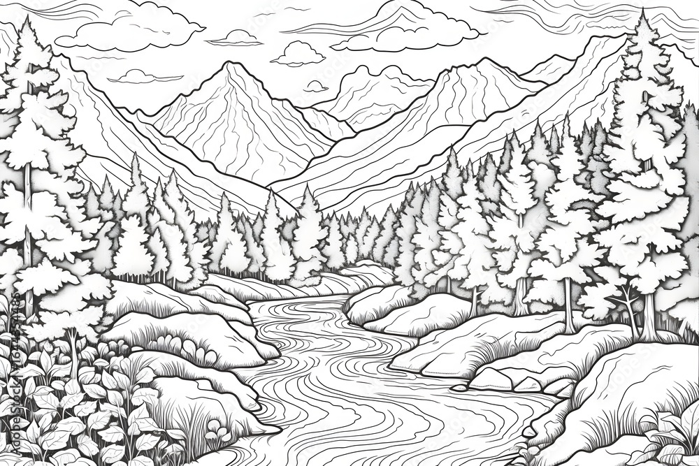 Fototapeta premium River in the mountain coloring page