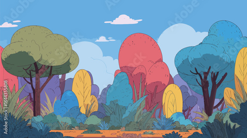 A cartoonish drawing of a forest with trees of different colors. The sky is blue and there are clouds