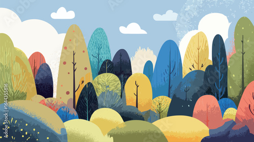 A drawing of a forest with trees of different colors. The trees are in various sizes and are scattered throughout the scene