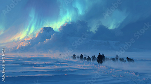 The Adlet of Inuit folklore, a tribe of man-dog hybrids, hunting across the tundra under the aurora borealis.