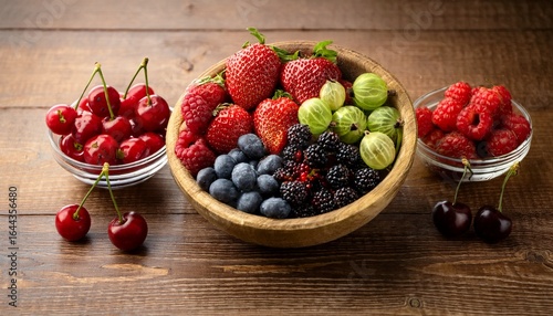 various fresh berries in a bowl mix of different fresh berries on wooden background strawberries raspberries gooseberries and cherries are presented