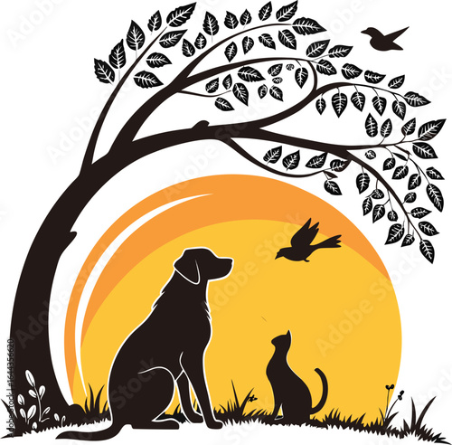 Silhouette of dog and cat under tree with sunset background nature pet friendship illustration perfect for logos and designs