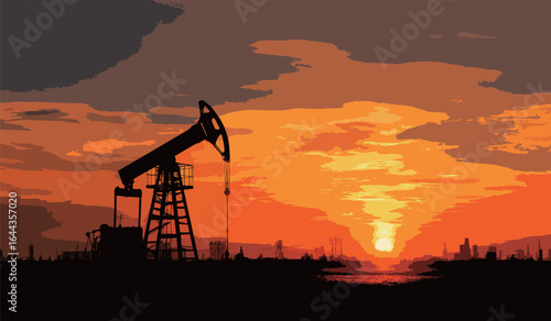 A sunset over a field with a large oil rig in the foreground. The sky is orange and the sun is setting