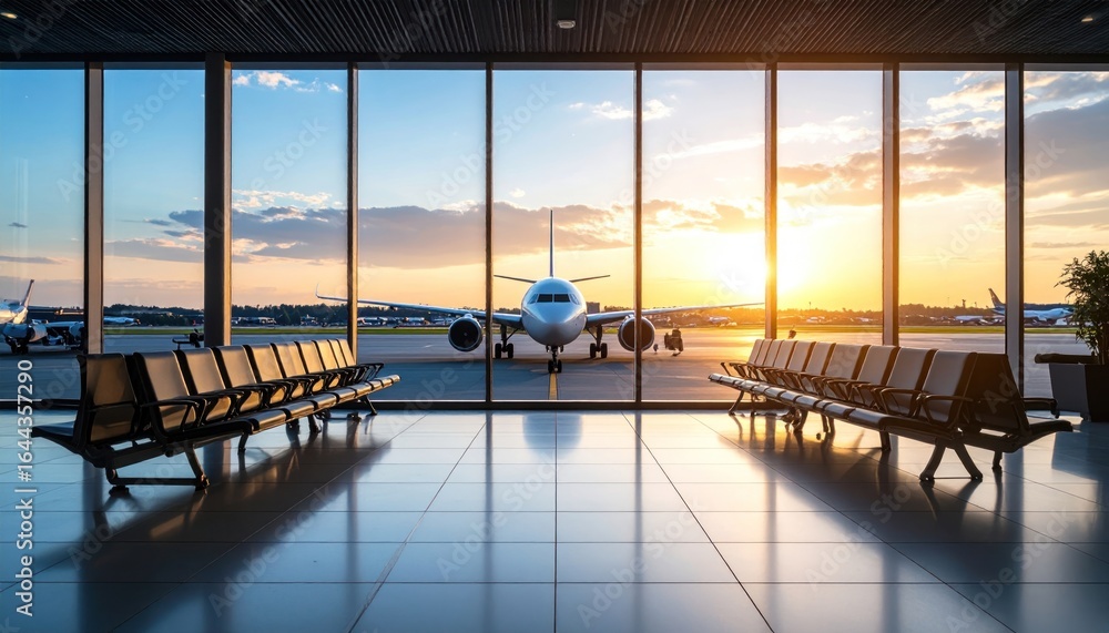 Fototapeta premium Airplane at Airport Terminal Gate During Sunset