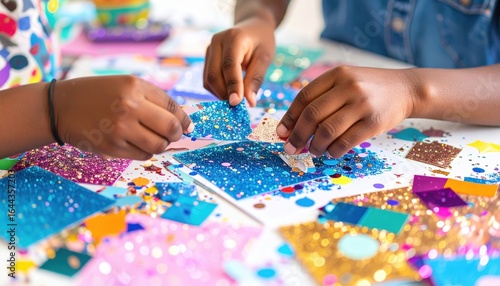 Two Children Crafting With Colorful Glitter Materials