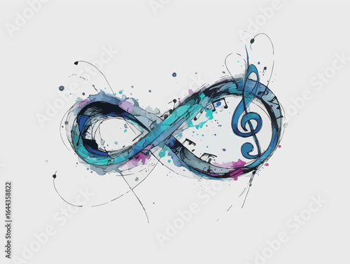 A blue and white watercolor painting of an infinity symbol. The symbol is surrounded by musical notes
