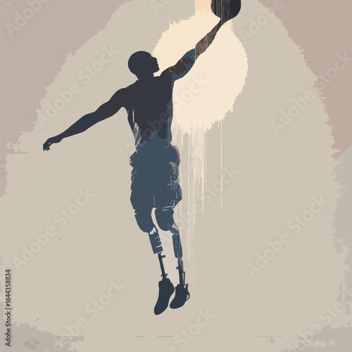 A man in a basketball uniform is jumping in the air with a basketball. He is wearing a prosthetic leg