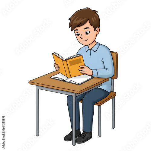 High School Male Student Sitting in Classroom — Character Illustration PNG & Background Scene