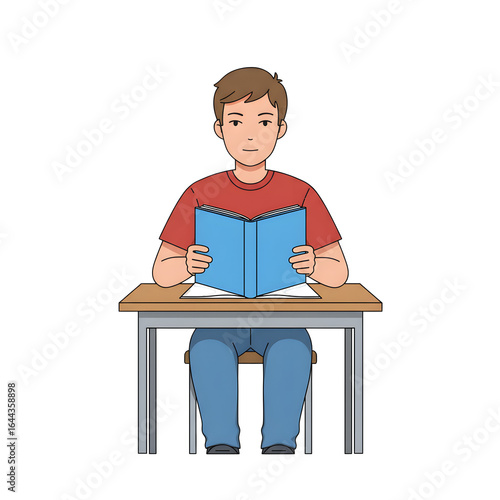 High School Male Student Sitting in Classroom — Character Illustration PNG & Background Scene